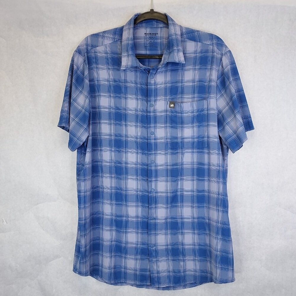 Mammut Trovat Trail Hiking Shirt Men's M Blue Plaid Short Sleeve Snaps Gorpcore